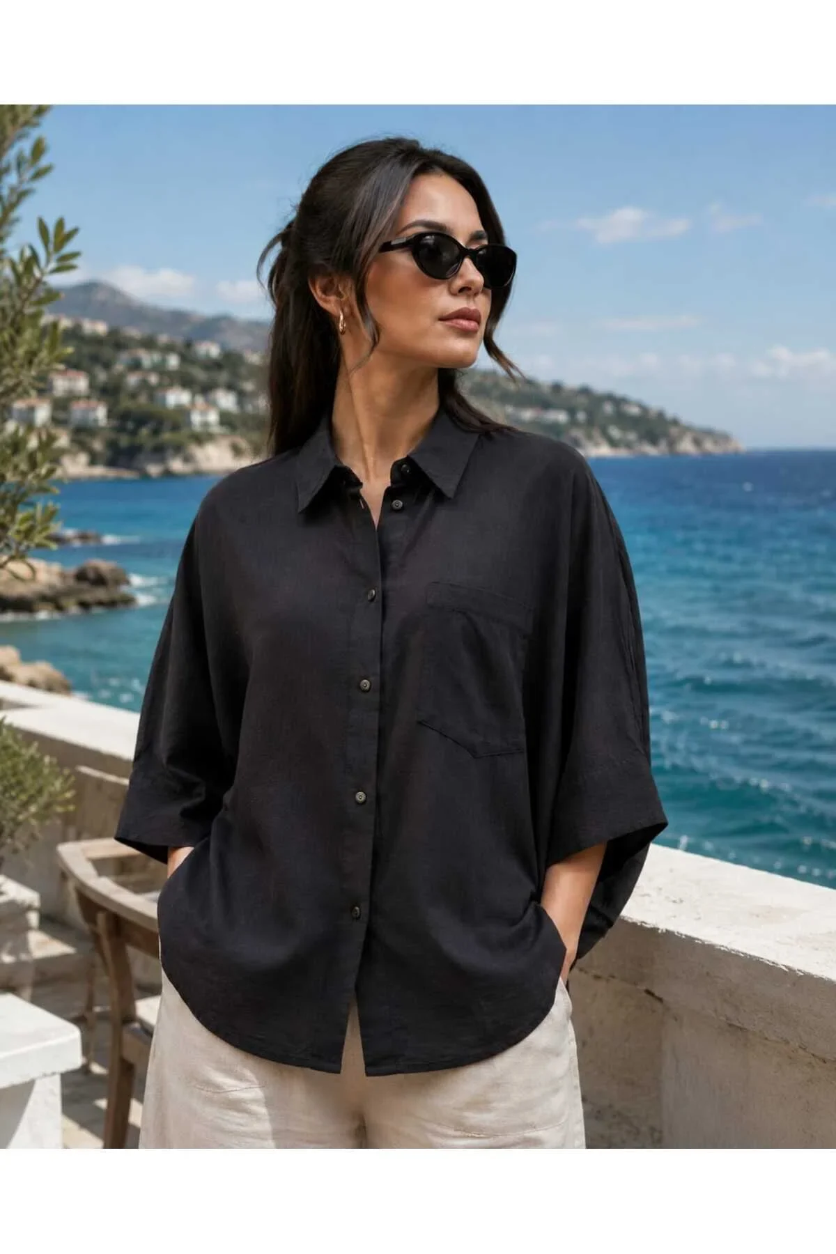 Wwomen Bengalin %100 Pamuk Yarasa Kol Modeli Tek Cepli Gömlek