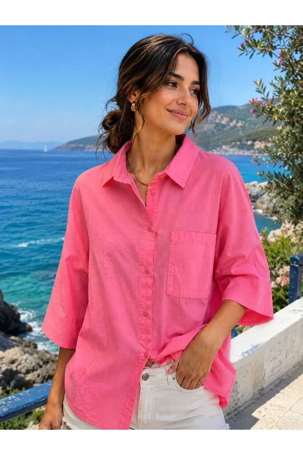 Wwomen Bengalin %100 Pamuk Yarasa Kol Modeli Tek Cepli Gömlek
