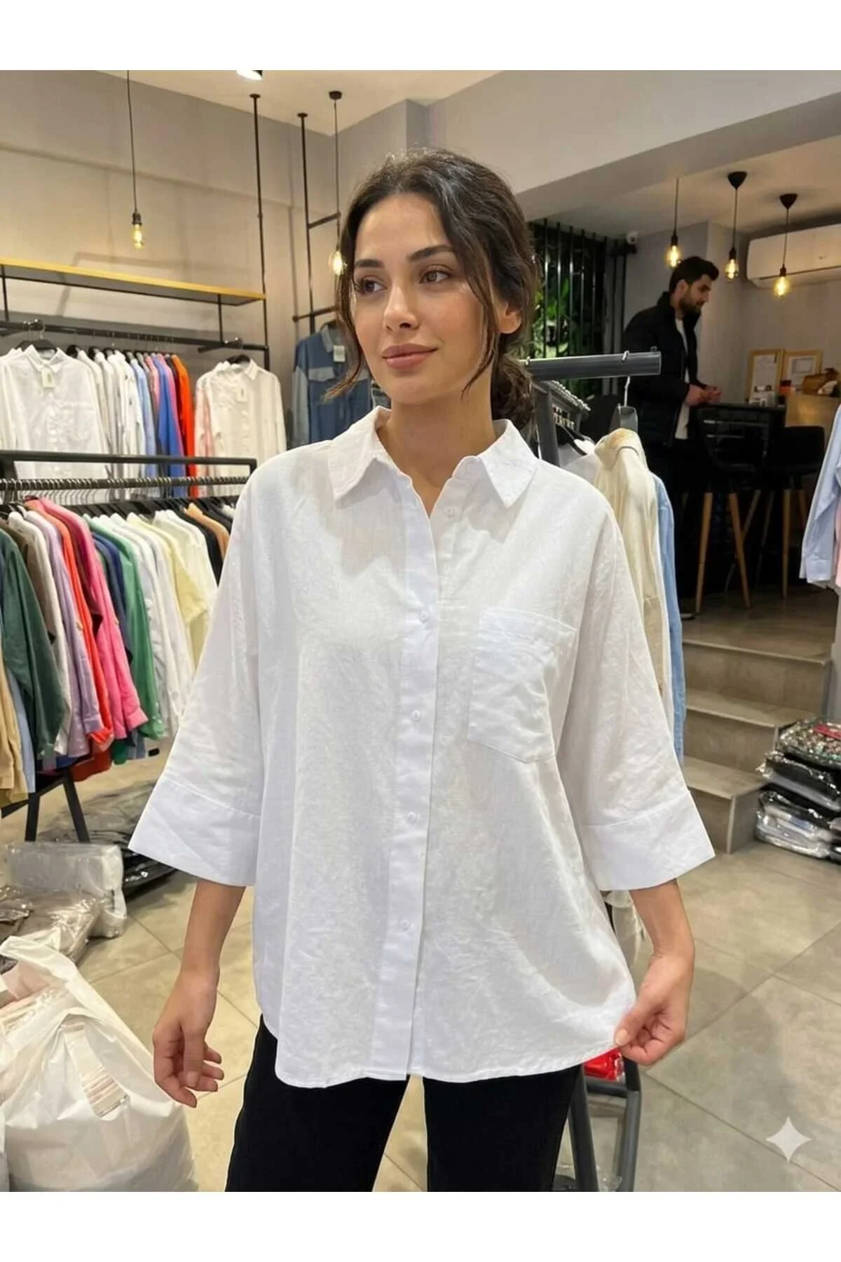 Wwomen Bengalin %100 Pamuk Yarasa Kol Modeli Tek Cepli Gömlek