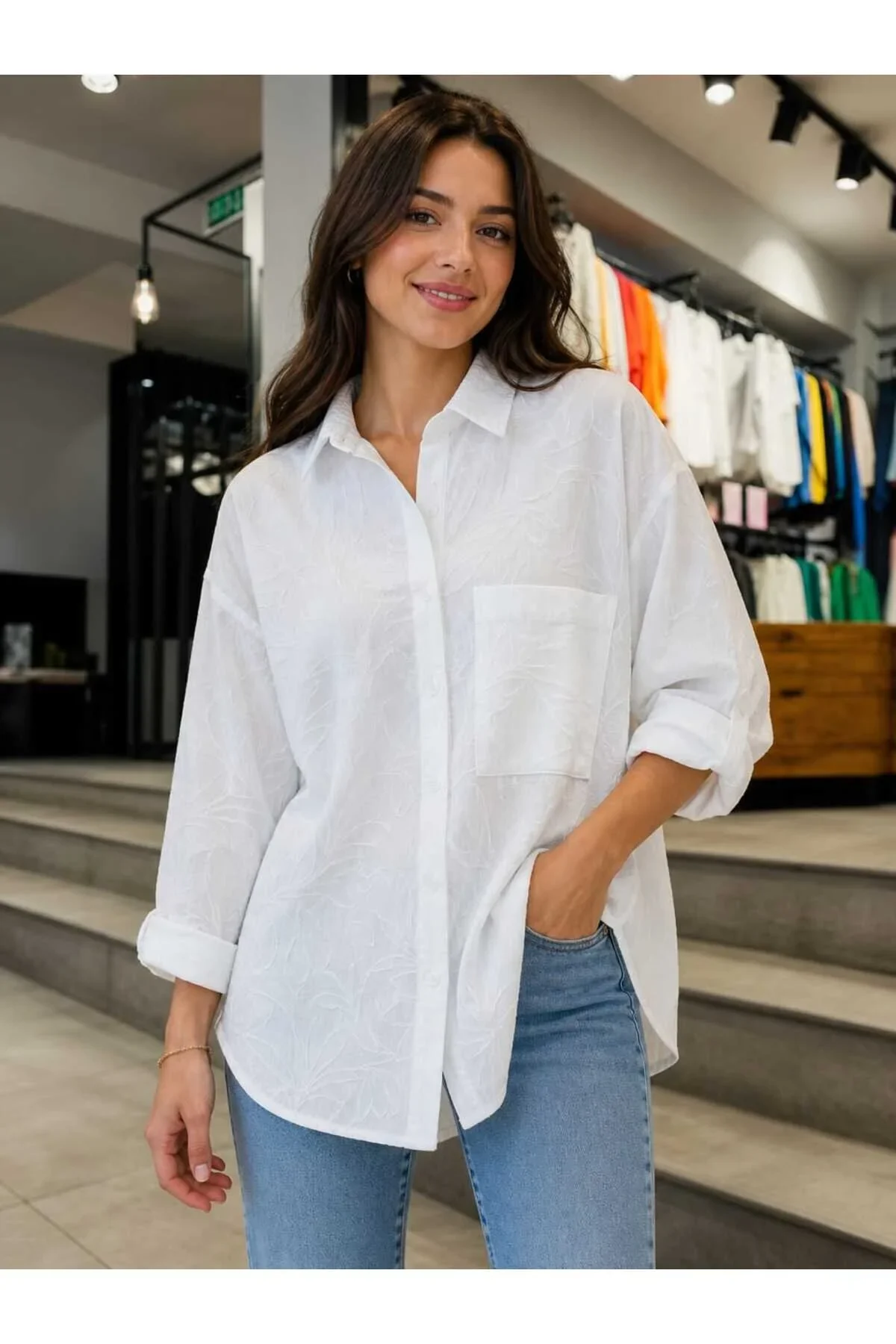 Wwomen jakarlı %100 Pamuk Oversize Gömlek