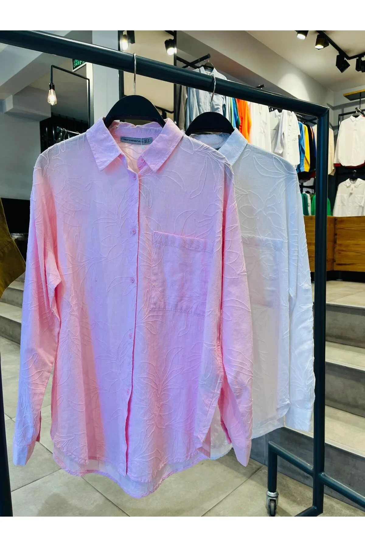 Wwomen jakarlı %100 Pamuk Oversize Gömlek farklı görünüm